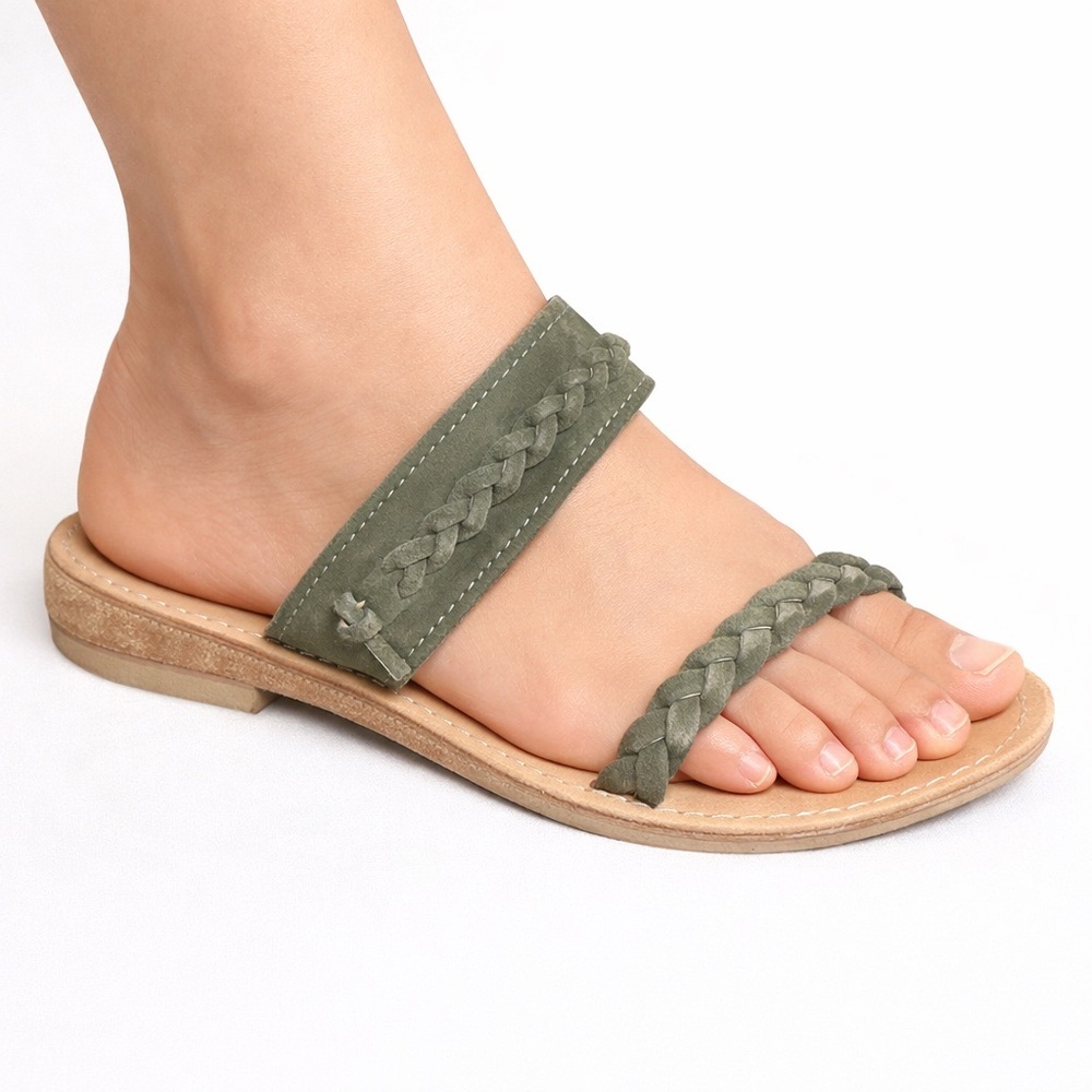 Costiera MADE IN ITALY Leather Sandals Green Suede Braided Flat Sz 37 (6.5-7 US) - Picture 1 of 10